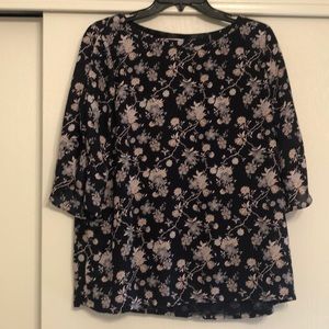 Loft navy blue ruffle sleeve floral blouse